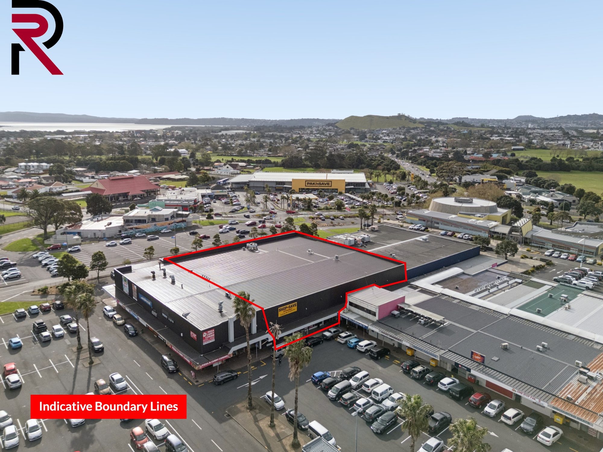 Aerial photo of a supermarket site in Māngere with the boundary outlined