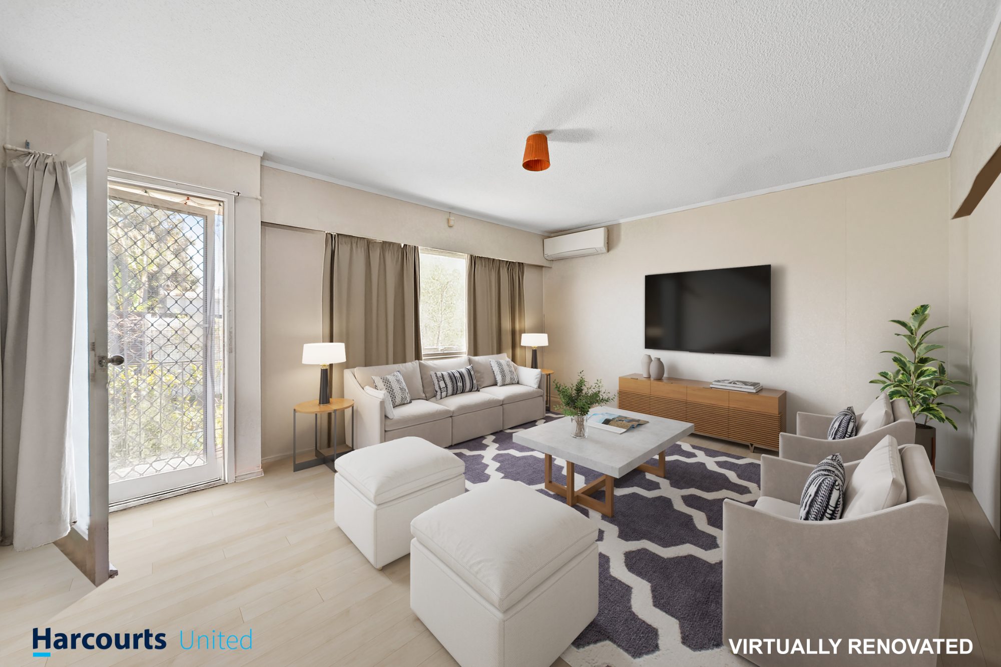 Lounge after virtual renovation and staging